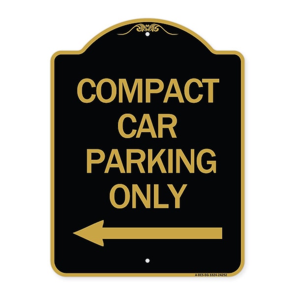 Compact Car Parking W/ Left Arrow, Black & Gold Aluminum Sign, 18" x 24", BG-1824-24252